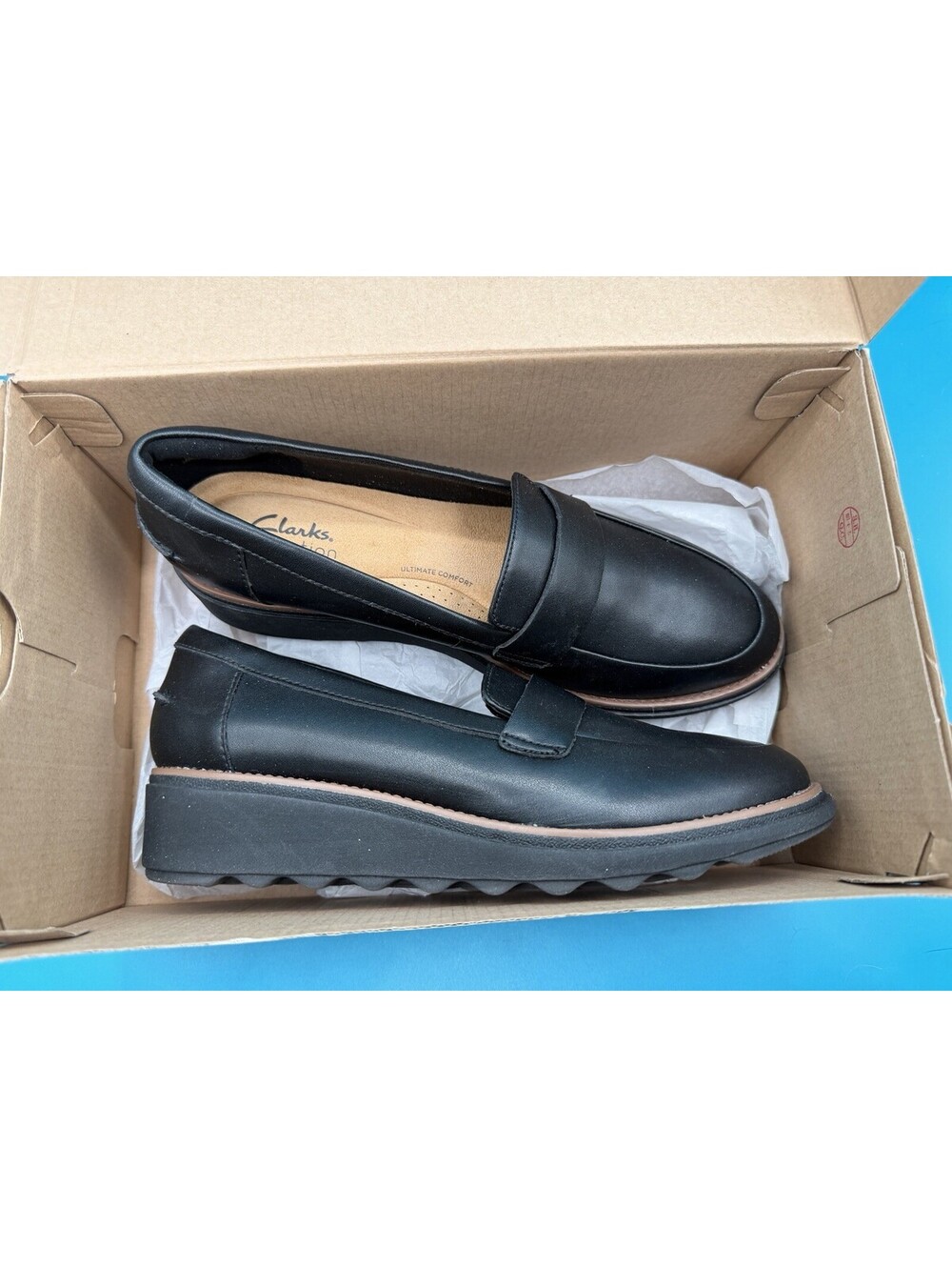 Clark’s Sharon Gracie Penny Loafer Buttery Soft Black Leather Wedge Size 10 NIB